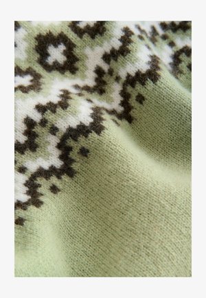 Gebreide stof in lichtgroen met een patroonontwerp in donkerbruin en witte accenten. Zachte textuur met zichtbare vezels.