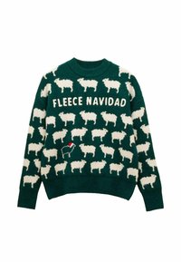 Grüner Fleece-Pullover mit weißen Schaf-Mustern und dem Text "FLEECE NAVIDAD." Ein Schaf trägt einen roten Weihnachtsmann-Hut. Rundhals, lange Ärmel.