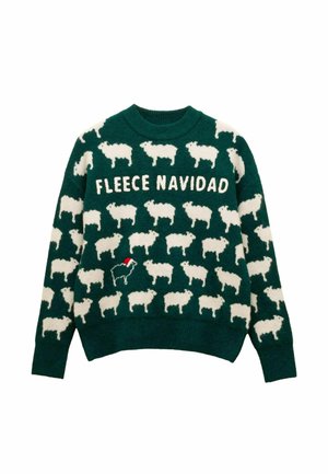 Grüner Fleece-Pullover mit weißen Schaf-Mustern und dem Text "FLEECE NAVIDAD." Ein Schaf trägt einen roten Weihnachtsmann-Hut. Rundhals, lange Ärmel.