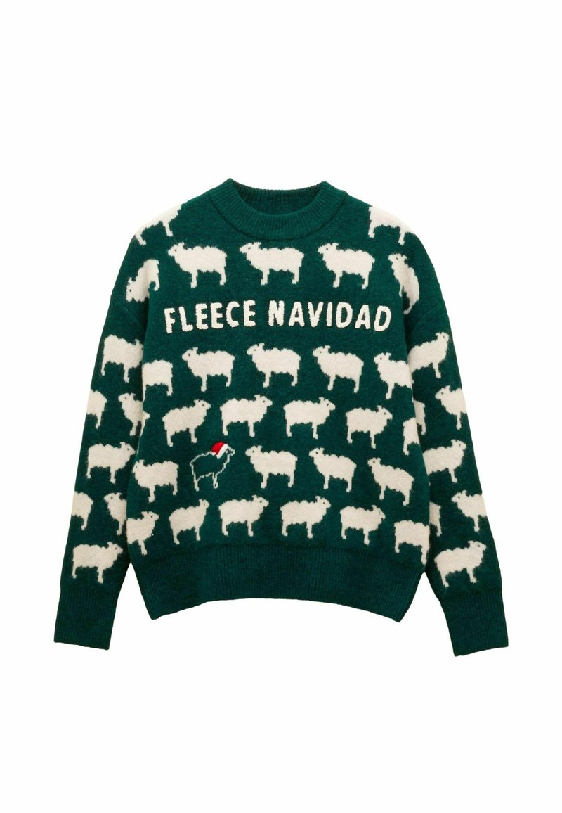 Grüner Fleece-Pullover mit weißen Schaf-Mustern und dem Text "FLEECE NAVIDAD." Ein Schaf trägt einen roten Weihnachtsmann-Hut. Rundhals, lange Ärmel.