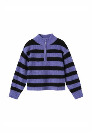 Randig tröja i lila och svart, med hög krage och halvdragkedja. Tillverkad av ett texturerat stickat material. Långa ärmar.