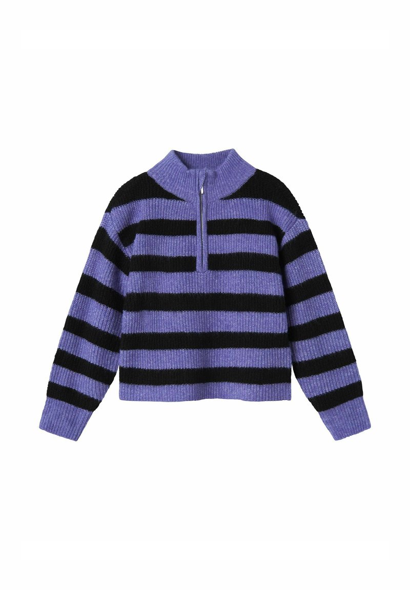 Maglione a strisce in viola e nero, con colletto alto e chiusura con mezza zip. Realizzato in un materiale a maglia testurizzato. Maniche lunghe.