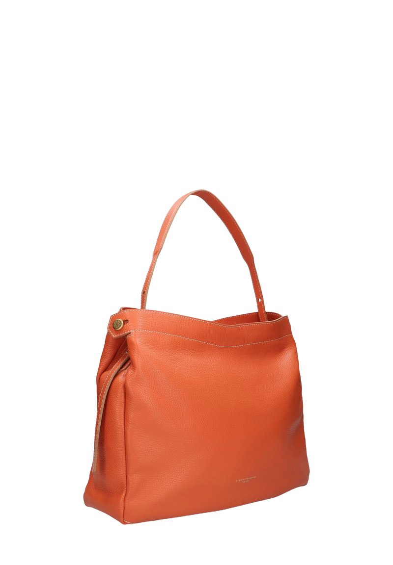 Borsa tote in pelle arancione con una sola tracolla, caratterizzata da un'esterno liscio, cuciture sottili e un dettaglio con tasca con zip.