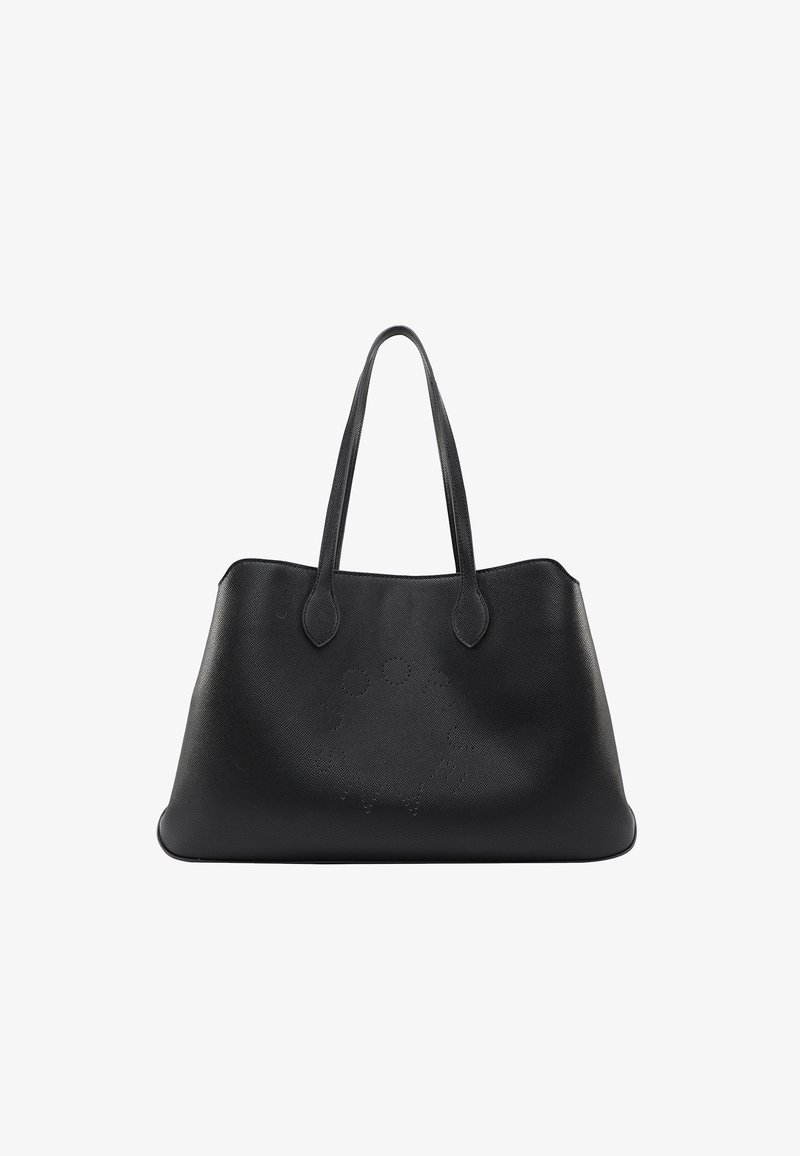 Mala tote em pele preta com duas alças planas, textura suave, forma arredondada e detalhes circulares em relevo na parte frontal.