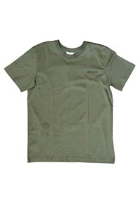 T-shirt in cotone verde oliva con maniche corte, colletto girocollo e logo stampato "CALVIN KLEIN" in nero nella parte sinistra del petto.