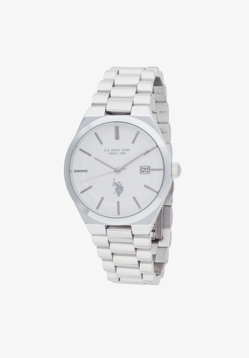 Orologio da polso in metallo argento con quadrante bianco, indicatori di ora argentati, display della data alle 3 e un design lucido a bracciale collegato.