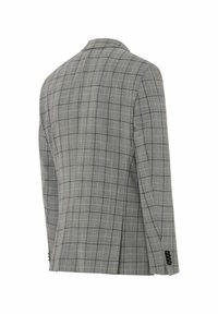 Grau karierter Blazer mit tailliertem Schnitt, ausgestattet mit einem Reverskragen, zwei Knöpfen und schwarzen Knöpfen. Rückenventilation für mehr Bewegungsfreiheit.