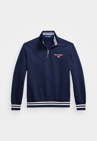 Navy pullover sweatshirt with a quarter zip, white striped collar and sleeve cuffs, and a stitched "POLO SPORT" logo on the chest.