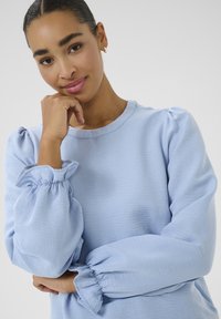 Haut bleu clair à manches longues avec des manches bouffantes et des poignets froncés. Tissu doux et texturé avec un col rond, offrant une coupe décontractée.