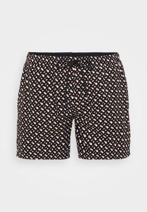 Shorts de bain noirs avec un motif géométrique en blanc et pêche. Taille élastique avec cordon de serrage réglable pour un ajustement sécurisé.