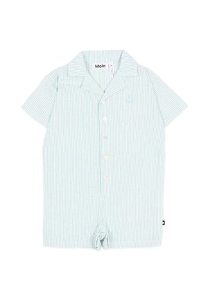 Barboteuse bébé à manches courtes rayée bleu clair et blanc avec boutons sur le devant, col et petit visage souriant brodé sur la poitrine.