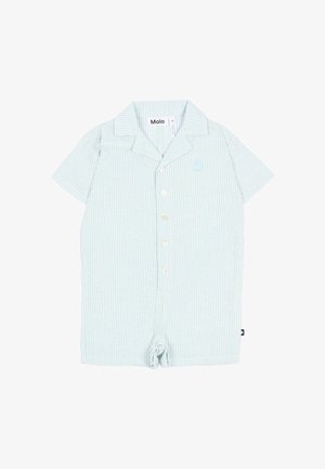 Krótki, pasiasty w jasnoniebieskie i białe paski kombinezon niemowlęcy z guzikami z przodu, kołnierzykiem oraz małą, haftowaną uśmiechniętą buźką na piersi.