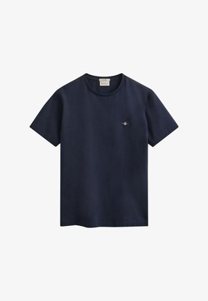 Camiseta de algodón azul marino de manga corta con cuello redondo y pequeño logo bordado de GANT en el pecho izquierdo.