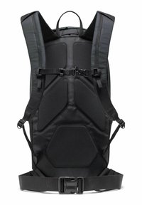 Sac à dos noir avec panneau arrière rembourré et texturé. Il dispose de bretelles ajustables, de plusieurs boucles et d'un design ergonomique pour le confort.