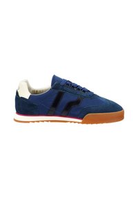 Navyblaue Sneaker aus Wildleder und synthetischen Materialien. Mit schwarzen Streifen, weißer Zwischensohle, Gummigummisohle und runden Schnürsenkeln.