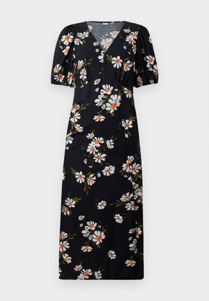 Black midi dress with white and orange daisy print, V-neck, puff short sleeves, and button detail on the chest.