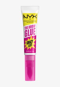 Brow glue in een witte en gele tube met vetgedrukte roze tekst, voorzien van een roze applicatortip en een doorzichtige body, formaat 7 mL.