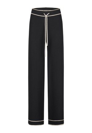 Black wide-leg pants with white trim on waistband, drawstring, and cuffs, made of textured fabric.