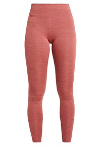 Collants mélangés rouges avec une taille haute, fabriqués en tissu extensible, présentant une texture lisse et une silhouette ajustée.