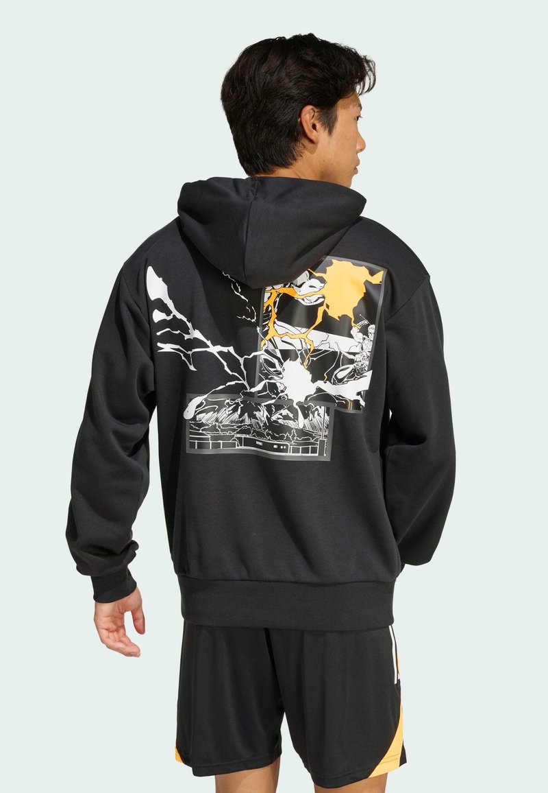 Schwarzer Hoodie mit einem bunten Grafikdruck auf der Rückseite, der abstrakte Muster zeigt. Lange Ärmel und eine geräumige Kapuze.