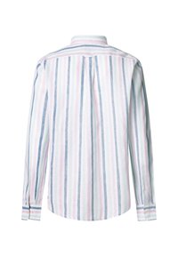 Gestreepte lange mouwen shirt in pastelkleuren (roze, blauw, wit), met een button-down kraag en enkele knopen bij de manchetten, voorzien van een plooi achter.