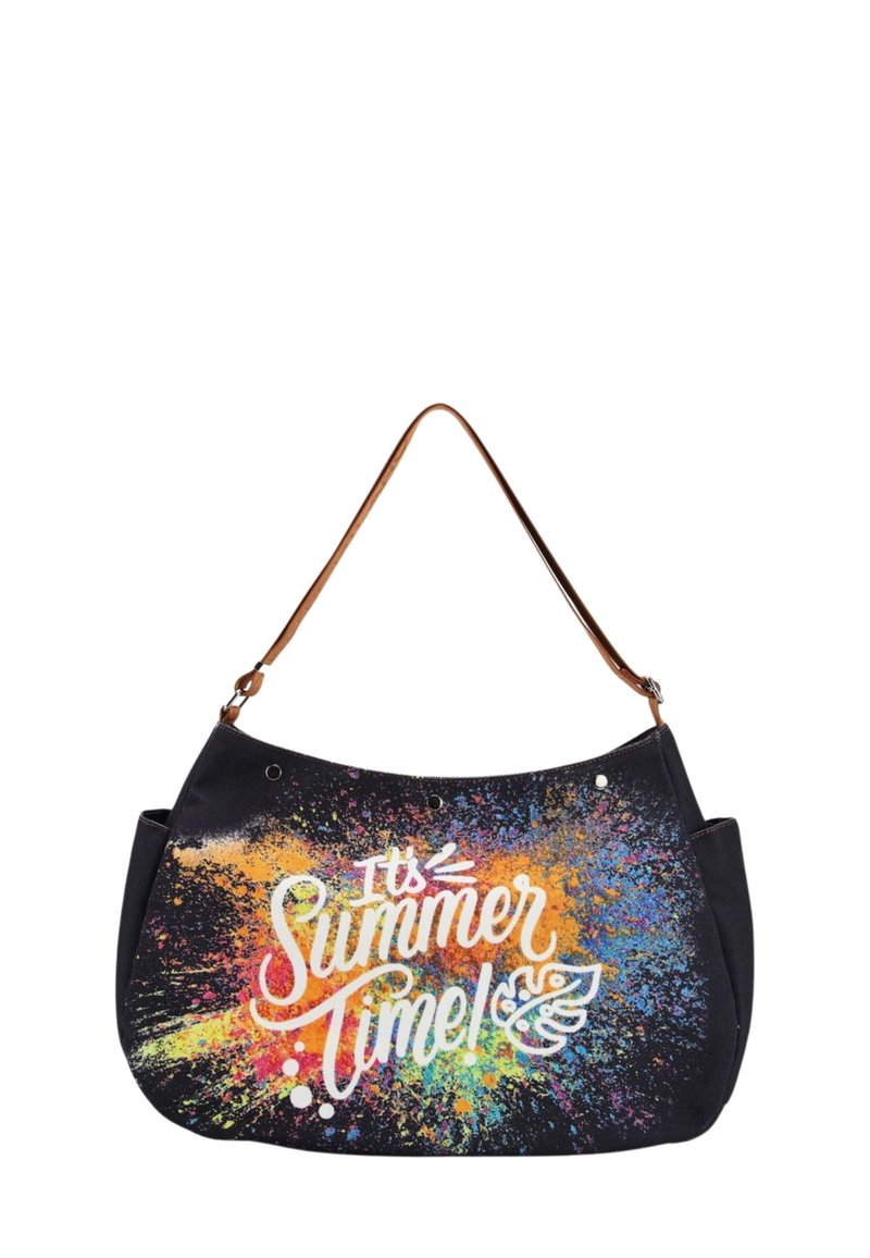 Borsa a spalla nera con un design a macchie colorate che presenta il testo "È tempo d'estate!" in bianco. Manico marrone e texture liscia.
