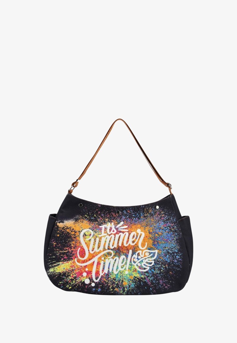 Borsa a spalla nera con un design a macchie colorate che presenta il testo "È tempo d'estate!" in bianco. Manico marrone e texture liscia.