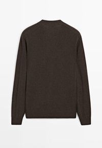 Brauner Strickpullover mit langen Ärmeln, rundem Ausschnitt und weicher Textur. Der Rücken zeigt ein nahtloses Design ohne sichtbare Verschlüsse.