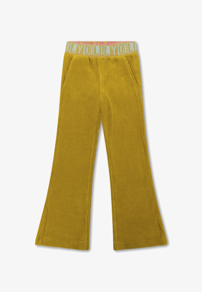 Mosterdgele corduroy flared broek met voorzakken en een geometrisch patroon op de tailleband met roze en blauwe tekst. Gegeven weefsel met ribbels.