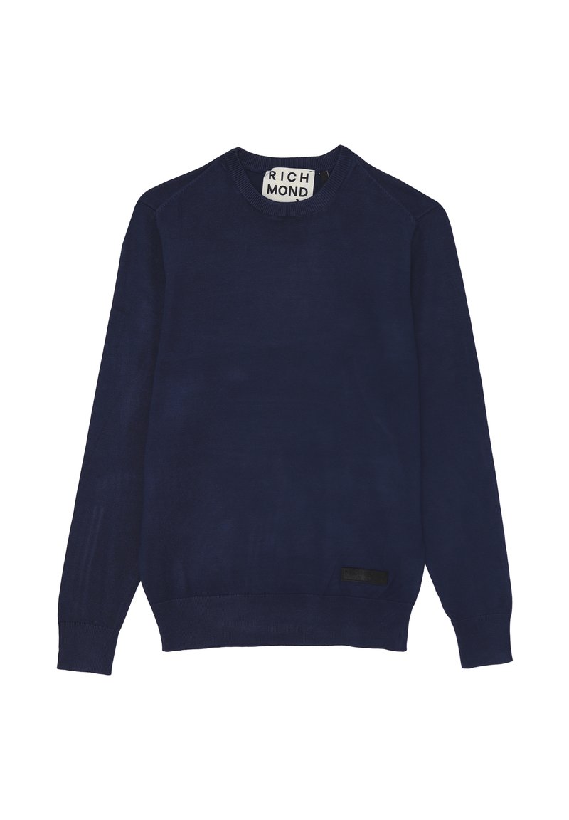 Maglione girocollo blu navy con maniche lunghe, polsini e orlo a costine, e una piccola etichetta nera vicino al fondo.
