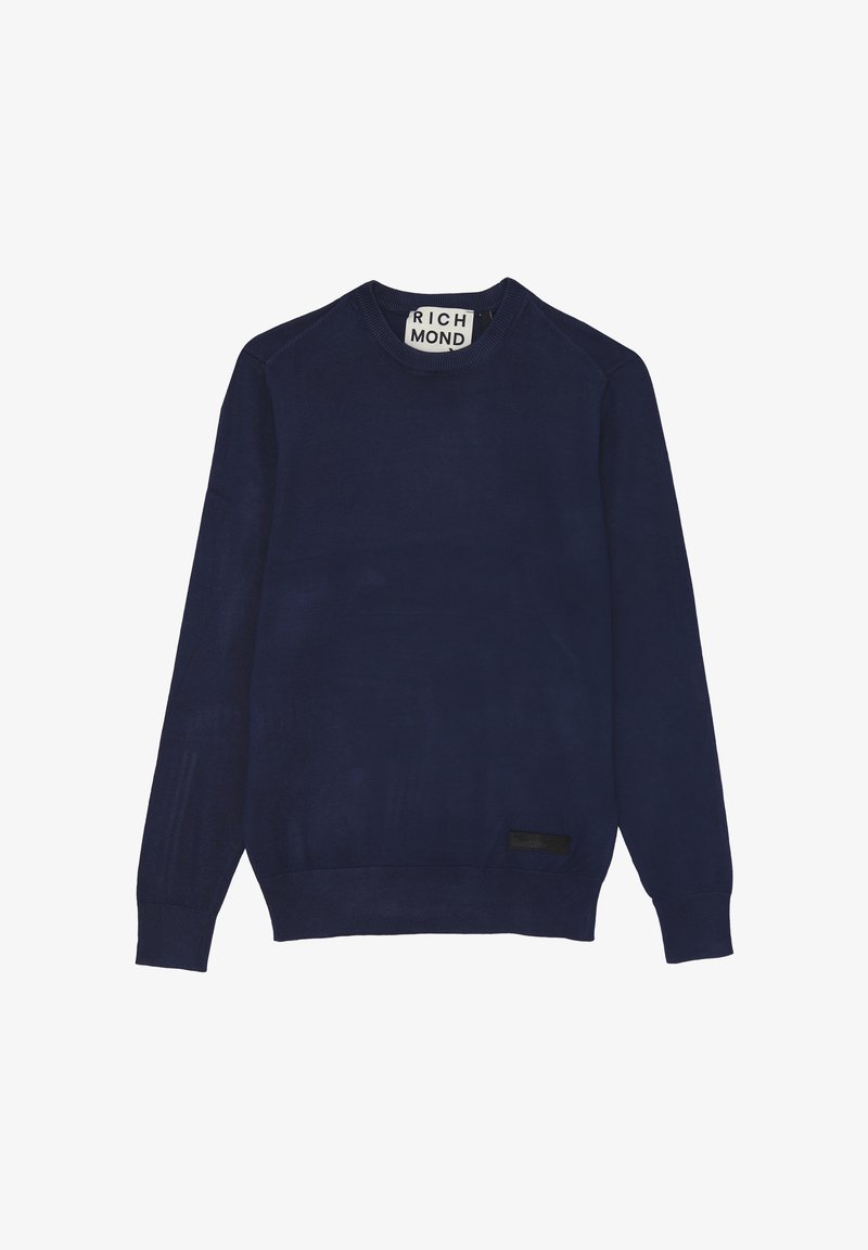 Maglione girocollo blu navy con maniche lunghe, polsini e orlo a costine, e una piccola etichetta nera vicino al fondo.