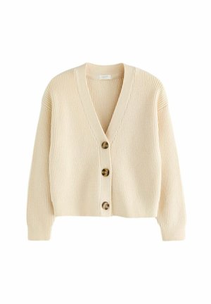 Cardigan en maille côtelée couleur crème avec col en V et trois boutons marron sur le devant, manches longues et coupe légèrement courte.