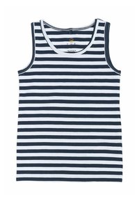 Ärmlös randig tanktop med marinblå och vita horisontella ränder, rundad hals och mjukt bomullstyg för komfort.