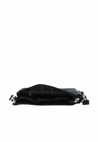 Borsa a tracolla in pelle nera con molteplici scomparti con cerniera, ferramenta argentata e una texture liscia. Interno foderato con motivo logo.