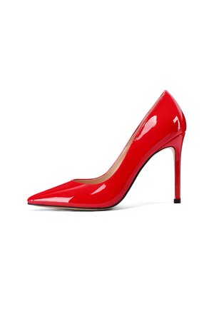 Décolleté in vernice rossa con punta affusolata e finitura lucida e sofisticata. Presenta un tacco a stiletto e accenti di suola nera.