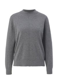 Pull gris à col rond, manches longues, col et ourlet côtelés. Présente une texture lisse et une couture centrale sur le devant.