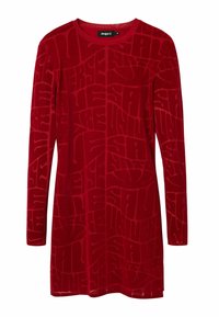 Rotes Longsleeve-Kleid aus Samt, das ein strukturiertes Muster aus abstrakten Linien und Formen auf dem Stoff zeigt. Runder Ausschnitt.