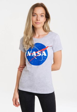 Gray cotton t-shirt featuring a blue NASA logo with white lettering and red accent. Short sleeves and a round neckline.