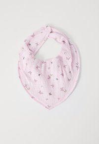 Pink bib with a butterfly pattern in varying shades of purple and metallic accents. Made of textured fabric, featuring a snap closure.