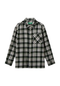 Camicia a maniche lunghe a quadri neri, grigi e bianchi con colletto e tasca sul petto, caratterizzata da un piccolo logo.