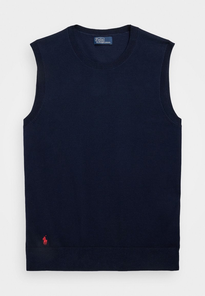Gilet en maille sans manches bleu marine avec col rond, petit logo rouge brodé en bas à gauche, et étiquette Polo by Ralph Lauren à l'intérieur.