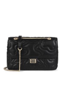 Borsa a tracolla in pelle trapuntata nera con catena dorata e dettaglio del logo. Presenta una texture liscia e un motivo curvo. Forma rettangolare compatta.
