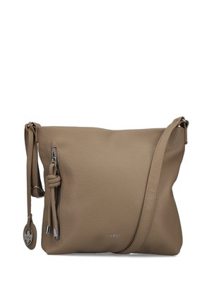 Sac bandoulière en cuir beige texturé avec sangle réglable, poche avant zippée et petit logo métallique de la marque près du centre inférieur.