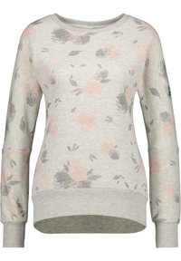 Gray sweatshirt featuring a floral pattern in gray and pastel pink. Ribbed neckline and cuffs, with a slightly curved hem. Soft texture.