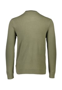 Maglione verde oliva con scollo rotondo, maniche lunghe e polsini e orlo a costine. Tessuto liscio, senza motivi o accessori visibili.