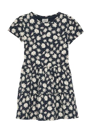 Marineblaues Kleid mit kurzen Ärmeln, weißem und hellrosa Blumenmuster sowie gerafftem Taillenbereich.