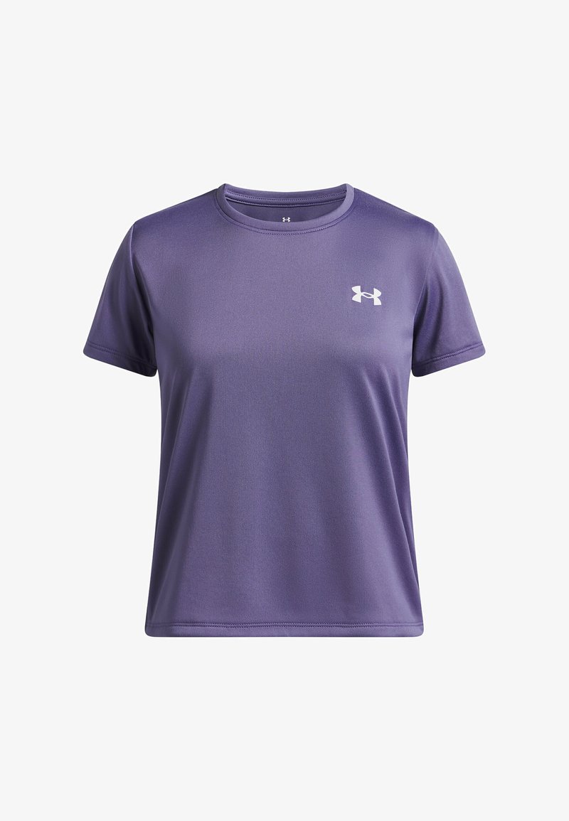 T-shirt de sport violet à manches courtes, fabriqué en tissu lisse et léger. Il présente un col rond et un petit logo blanc sur la poitrine.