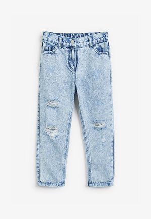 Jeans din denim de culoare albastru deschis cu un design distrus, având găuri în față, cinci buzunare și o închidere tradițională cu nasture și fermoar.