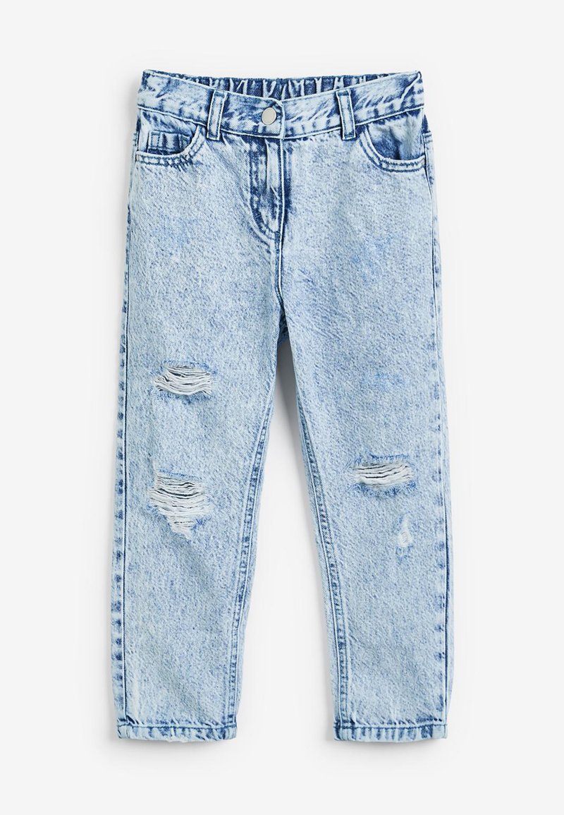 Hellblaue Jeans aus Denim mit einem distressed Design, mit Rissen an der Vorderseite, fünf Taschen und einem traditionellen Knopf- und Reißverschluss.