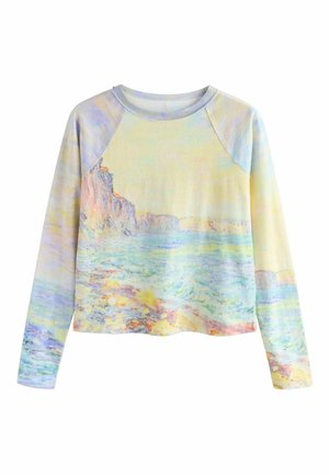 Langärmliges Sweatshirt mit pastellfarbenem Landschaftsprint, der Klippen und Ozean zeigt. Hergestellt aus weichem Stoff, verfügt es über einen Rundhalsausschnitt und Raglanärmel.